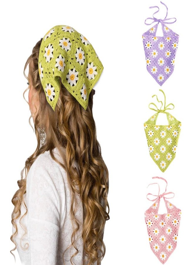 VIOKKO Floral Crochet Hair Bandanas Headscarf - 3PCS Knitted Hair Scarves Crochet Hair Kerchief Daisy Headband Headwrap - Image 1